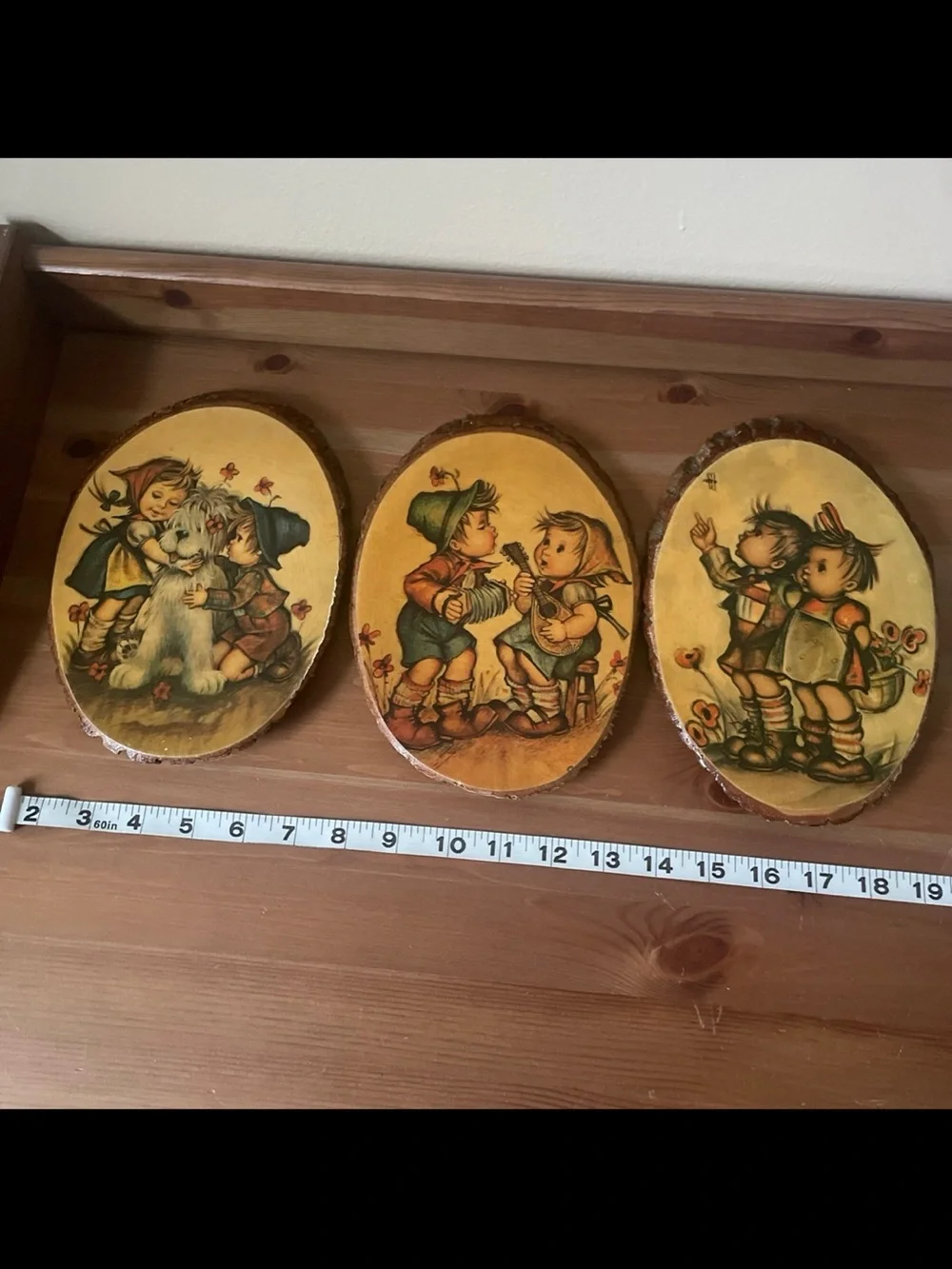 Vintage Trio Wood Plaques with Children Illustrations - Hummel style 9x5 in